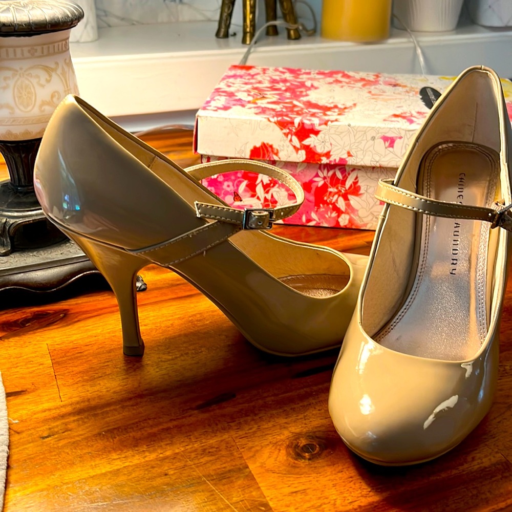 Chinese Laundry Nude patent leather strap heels, size 10